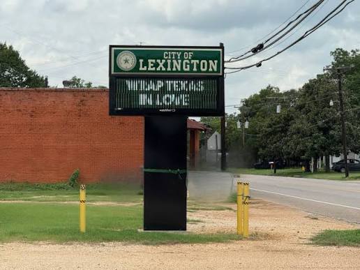 A sign for the City of Lexington stands by a street, with some faded text on the electronic section. Grass, a red brick building, trees, and power lines are visible in the background under a cloudy sky.