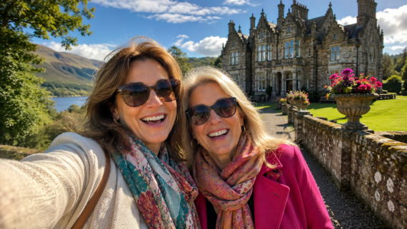 Two smiling women in sunglasses take a selfie outside a large, ornate stone mansion on a sunny day&mdash;one of the area's most popular tourist attractions. Both wear colorful scarves and jackets; lush greenery and flowers surround the stately building in the background.