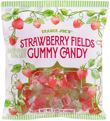 A bag of Trader Joe’s Strawberry Fields Gummy Candy, featuring colorful strawberry illustrations and clear packaging showing red and green gummy candies inside. Net weight is 7.05 oz (200g).