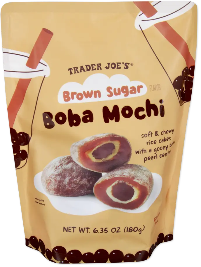 A package of Trader Joe's Brown Sugar Boba Mochi, showing soft and chewy rice cakes with a gooey boba pearl center, placed in front of illustrated boba drinks.