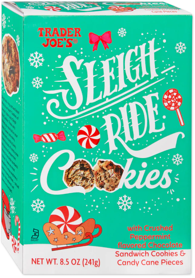 A green box of Trader Joe’s Sleigh Ride Cookies with peppermint and chocolate flavor, decorated with white snowflakes, candy canes, and a red sleigh illustration.