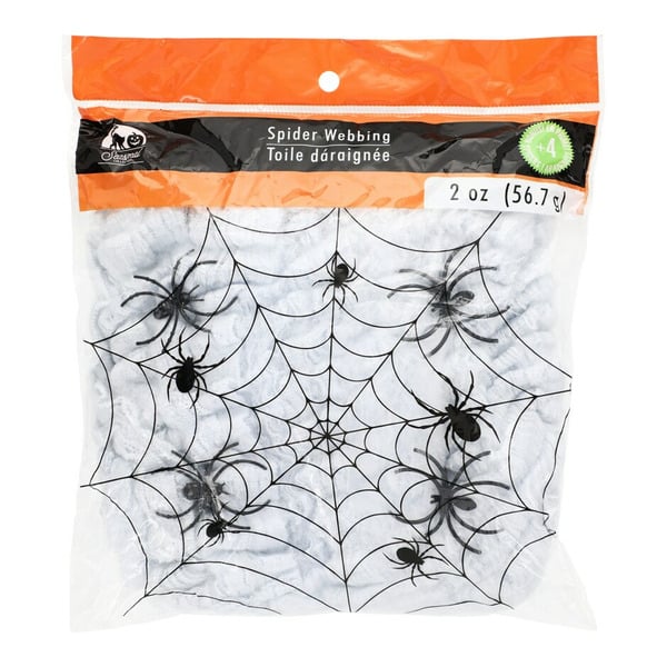 A package of Halloween spider webbing contains fake spider web material and plastic spiders, labeled “Spider Webbing, 2 oz (56.7 g).” The packaging is mostly clear with an orange top strip.