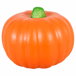 A bright orange pumpkin with a thick green stem, featuring deep vertical grooves on its surface. The pumpkin is centered against a plain white background.
