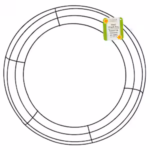 A round, metal wire wreath frame with four concentric rings and cross supports, labeled as a wreath base form in the upper right on a white background.