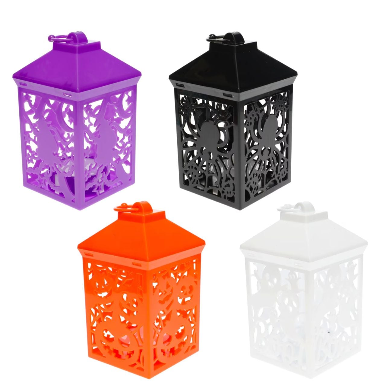 Four decorative lanterns in purple, black, orange, and white, each featuring intricate cut-out designs with spiders and webs, arranged in a grid on a white background.