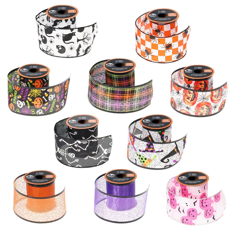 Ten Halloween-themed ribbon rolls arranged in two rows, featuring patterns like pumpkins, bats, ghosts, spiderwebs, plaid, skeletons, witches, and glitter in orange, black, white, purple, and pink colors.