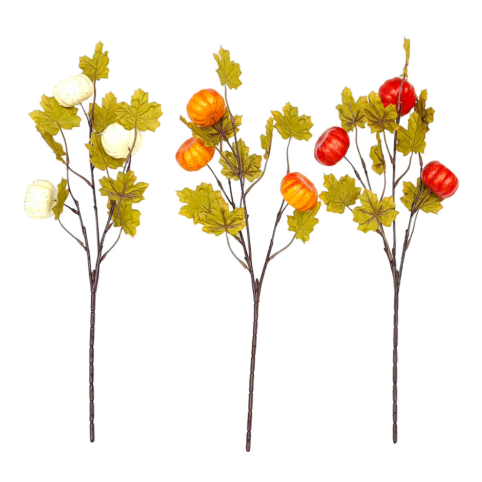 Three artificial stems with green leaves and small decorative pumpkins in white, orange, and red colors, arranged on a white background.