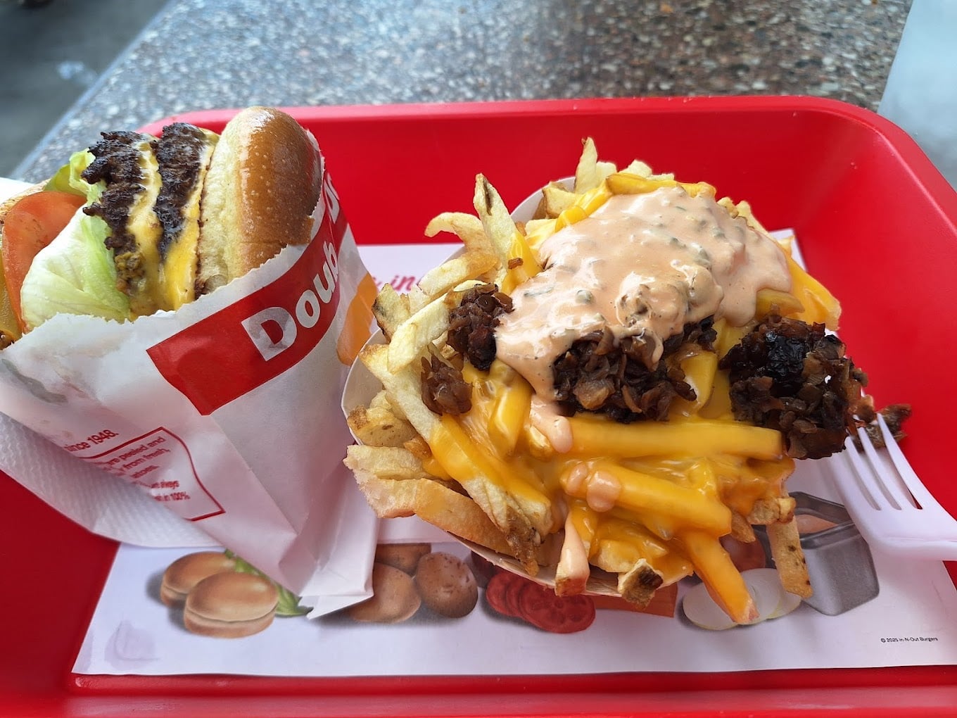A red tray with an In-N-Out Double-Double burger wrapped in paper on the left and a serving of Animal Style fries topped with melted cheese, grilled onions, and sauce on the right—an iconic meal from one of the favorite fast-food chains by state.
