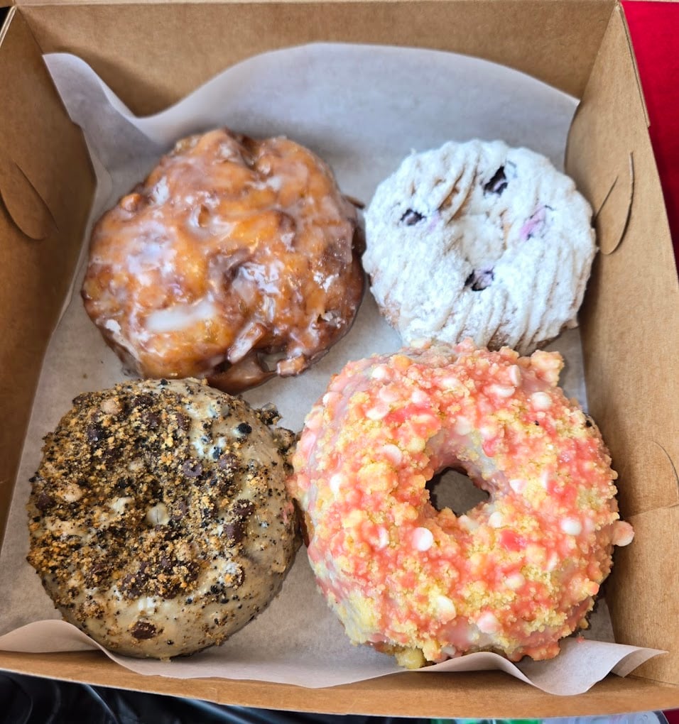 A box with four assorted donuts: an apple fritter, a powdered sugar donut with blueberries, a donut with a speckled cookie crumb topping, and a donut with a pink and yellow crumb coating.