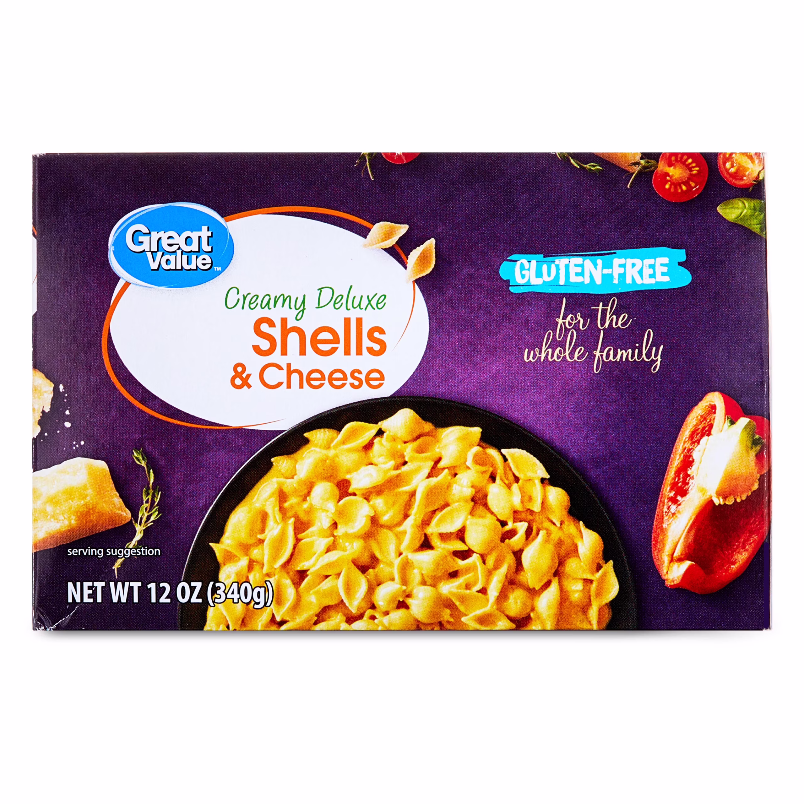 A box of Great Value Creamy Deluxe Shells & Cheese, gluten-free, net weight 12 oz (340g). The packaging features a bowl of shells and cheese with cheese, tomatoes, and pomegranate seeds as decoration.