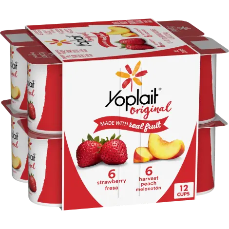 Yoplait Original yogurt 12-pack, featuring 6 strawberry and 6 harvest peach flavors, with images of strawberries and peach slices on the packaging. Name-brand products.