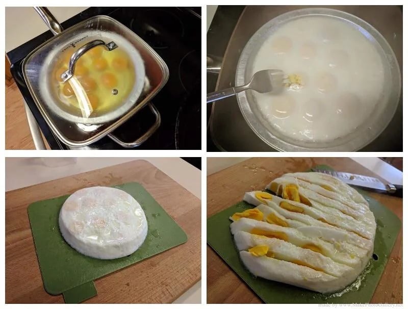 Four steps of cooking and slicing multiple eggs: steaming in a pan, poaching in water, turning out onto a cutting board, and slicing the cooked eggs into portions.