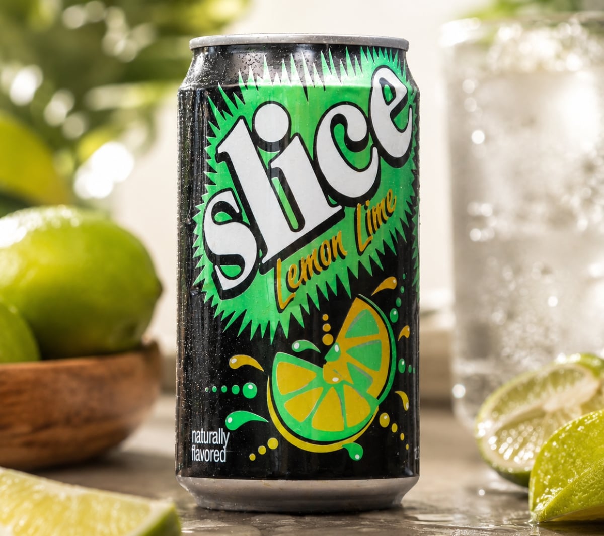 A can of Slice Lemon Lime Soda Pops sits on a table next to fresh limes. The can is black with green and yellow accents, and a glass of sparkling drink is blurred in the background.