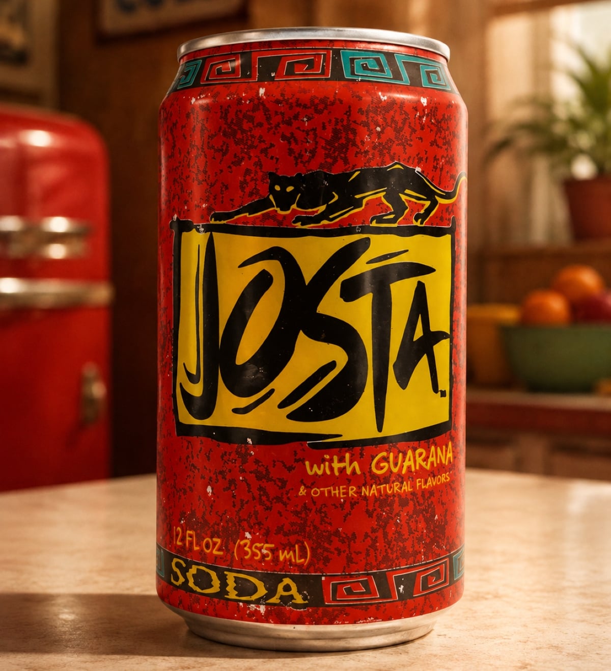A close-up of a 12 fl oz can of Josta soda pops with a red and yellow label featuring a black panther design and bold logo. The background shows a retro kitchen with a red fridge and a bowl of fruit.