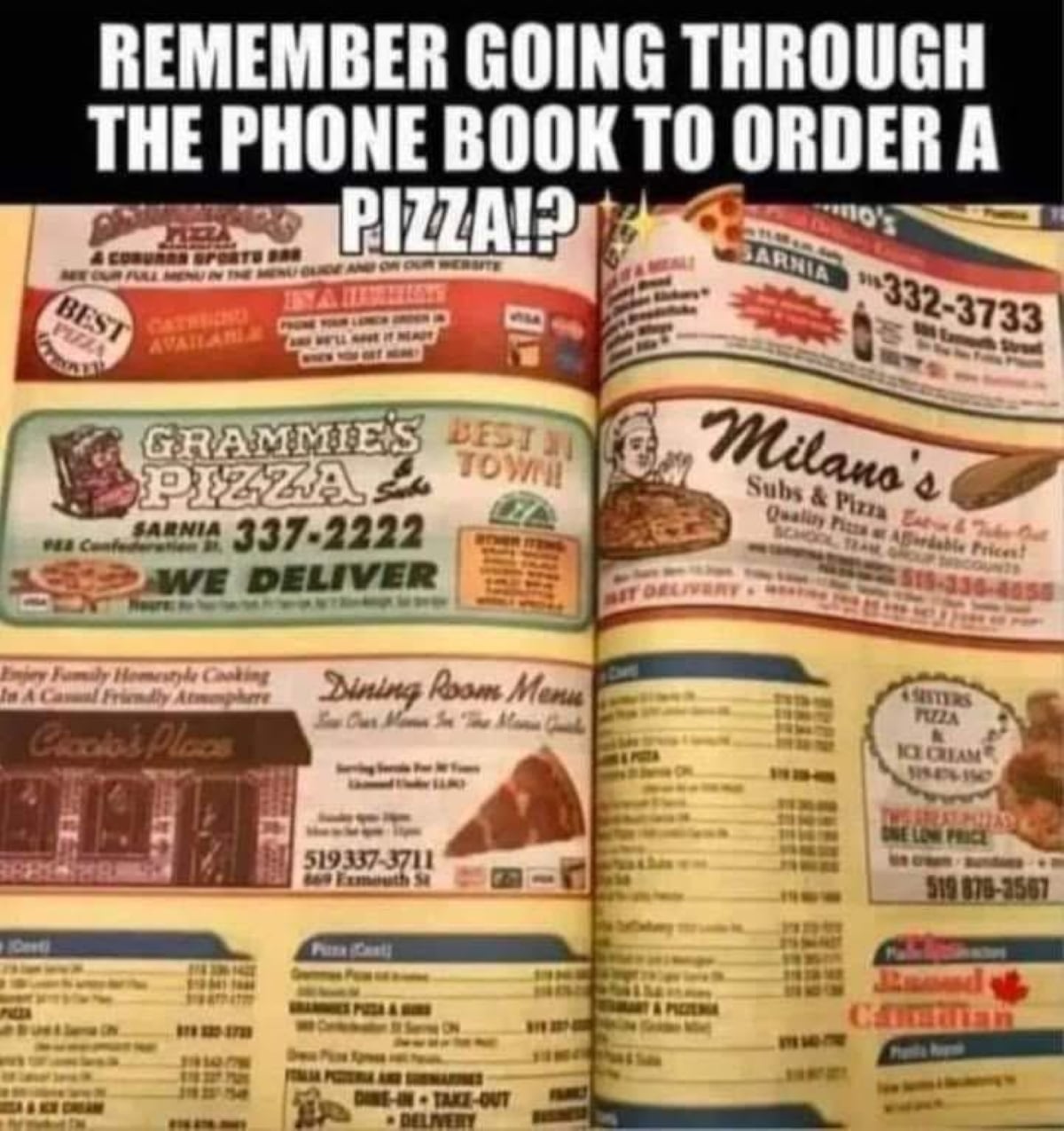 An open phone book displays various pizza restaurant ads and menus. Text at the top reads, “REMEMBER GOING THROUGH THE PHONE BOOK TO ORDER A PIZZA?!” – just like we all did in the 80s.