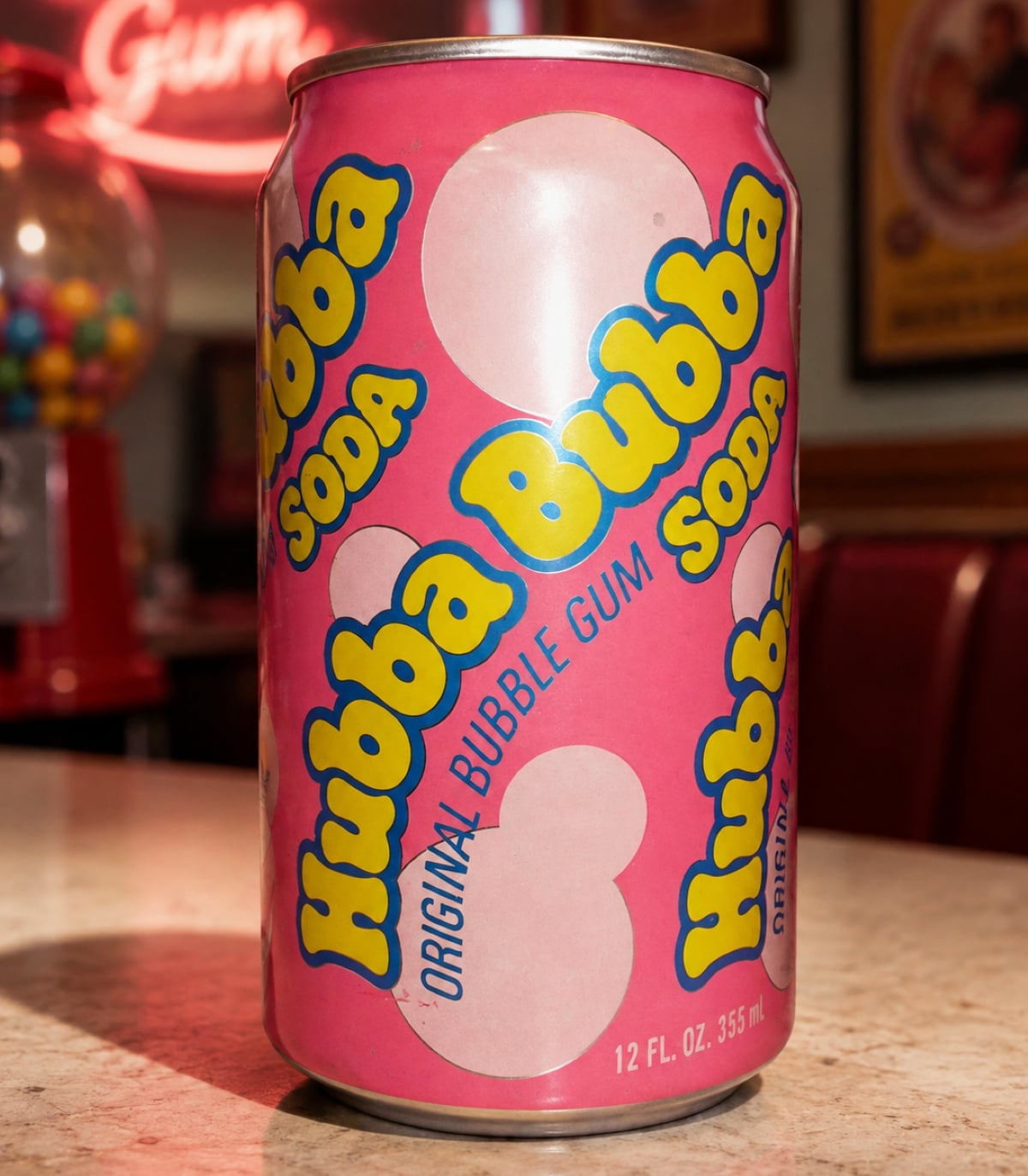 A pink can of Hubba Bubba soda pops with bubble gum graphics sits on a counter. The label reads “Hubba Bubba Original Bubble Gum Soda.” A gumball machine is visible in the blurred background.