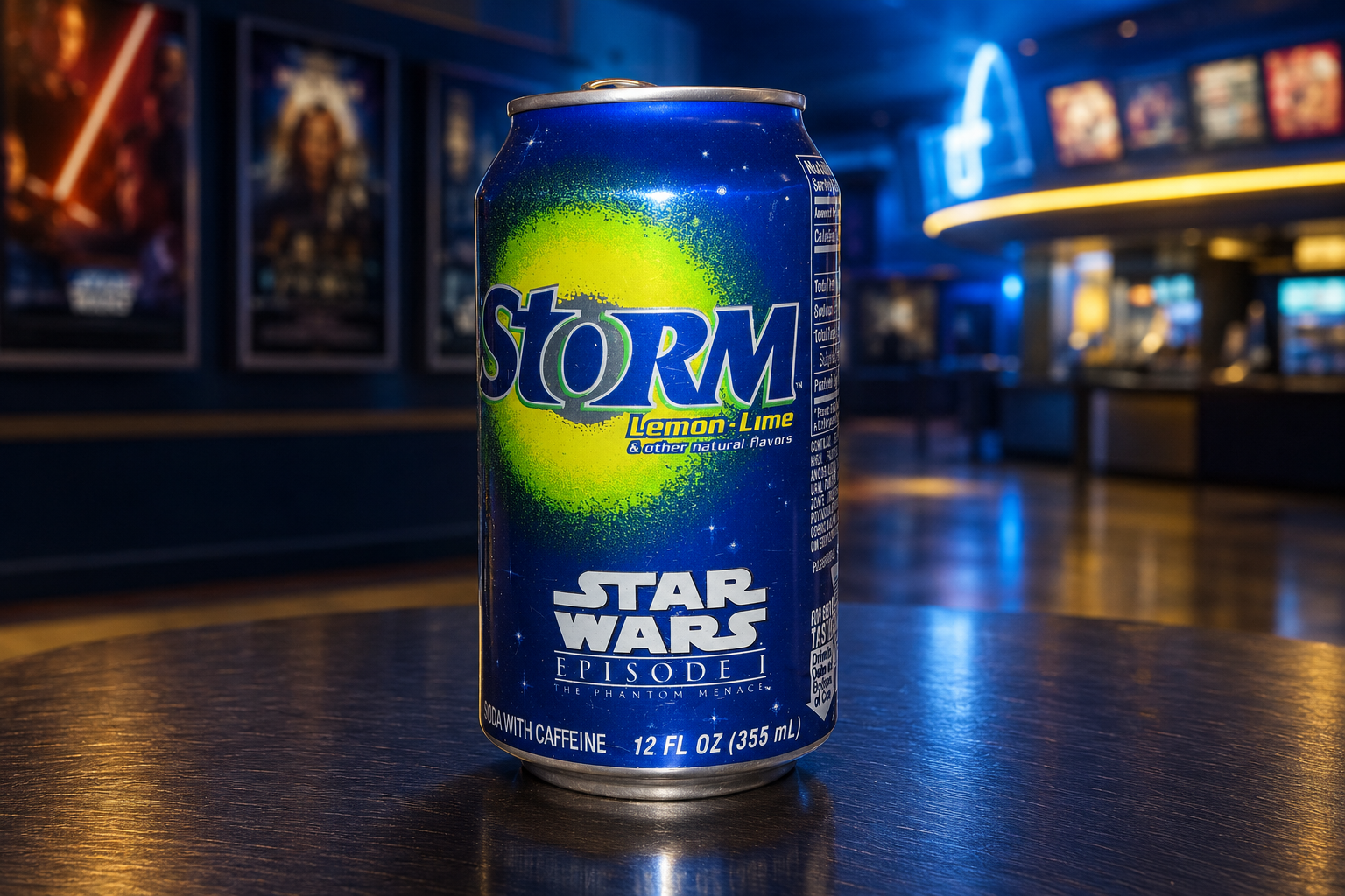 A can of Storm Lemon-Lime Soda Pops featuring Star Wars Episode I branding sits on a table in a movie theater lobby, with blurred movie posters and concession stands in the background.