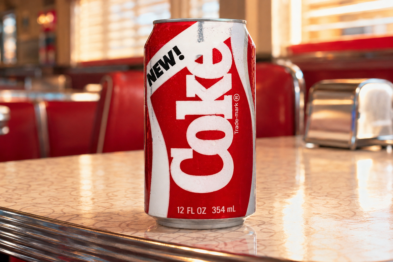 A can of New Coke sits on a retro diner table with red seats, reminiscent of classic Soda Pops culture, as sunlight streams in through the window blinds in the background.