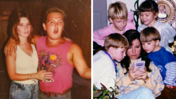 Left: A woman and man pose together, the man wearing a pink tank top and gesturing&mdash;a scene bursting with 80s and 90s nostalgia. Right: Four children gather around a woman who is playing a handheld video game, all appearing focused and interested.