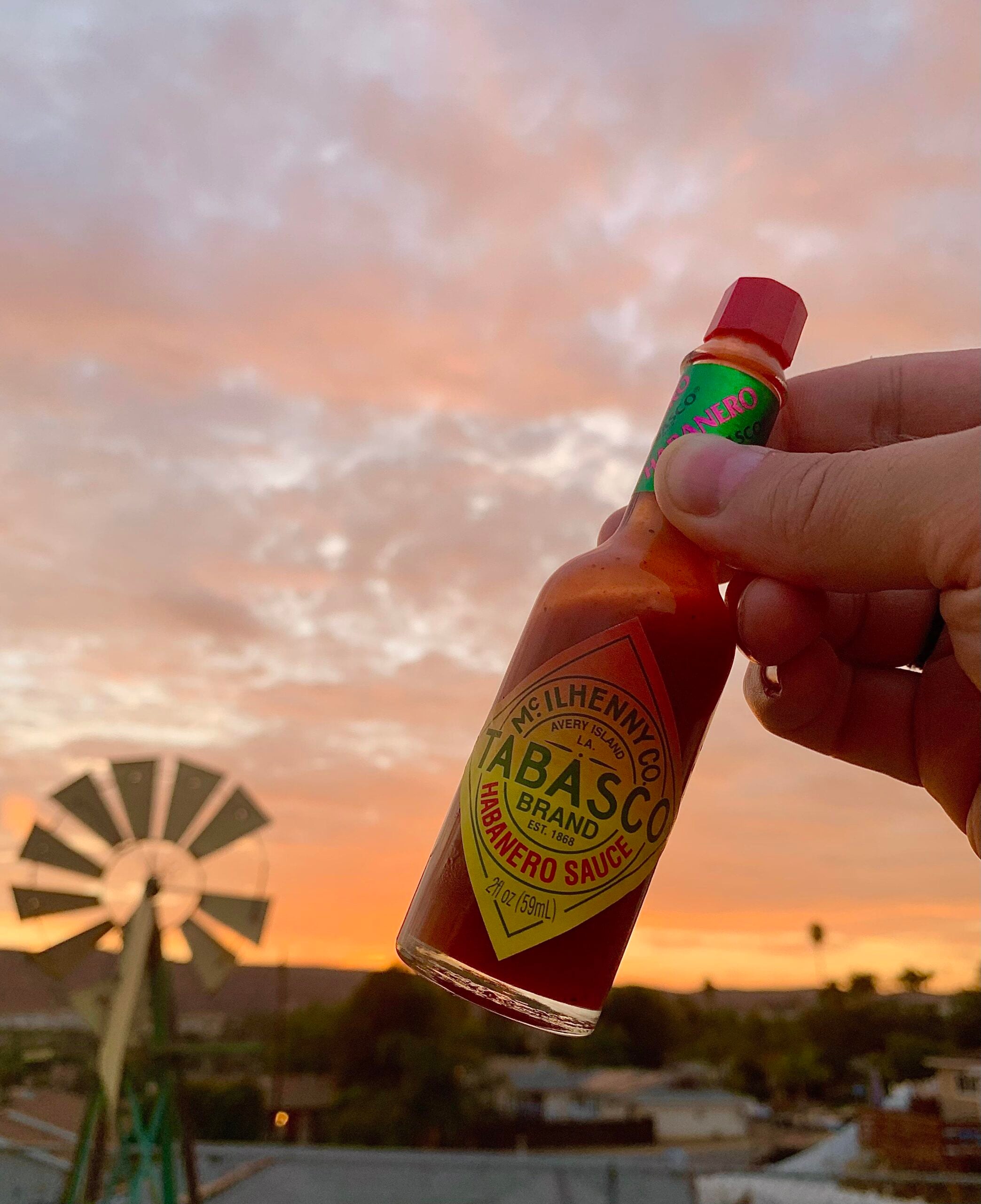 A hand holds a bottle of Tabasco Habanero Sauce against a colorful sunset sky, with a windmill and rooftops in the background.