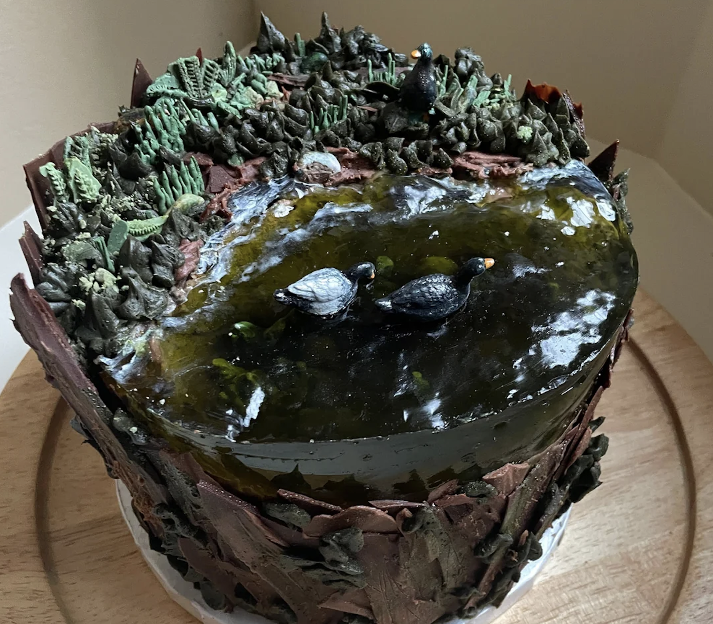 Round cake decorated to resemble a pond with two black duck figurines on gelatin water, green plants, and rocky chocolate edges, mimicking a natural scene.