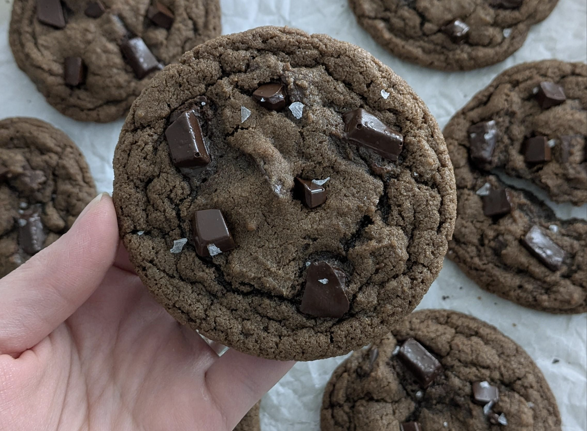 A hand holds a chocolate cookie with melted chocolate chunks and a sprinkle of salt, with more cookies on parchment paper in the background.