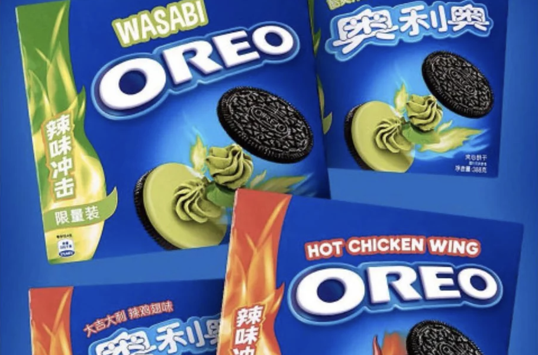 Four Oreo packages are shown, featuring unusual flavors: wasabi and hot chicken wing. The packaging is colorful, with images of Oreo cookies and corresponding flavor swirls on a blue background.