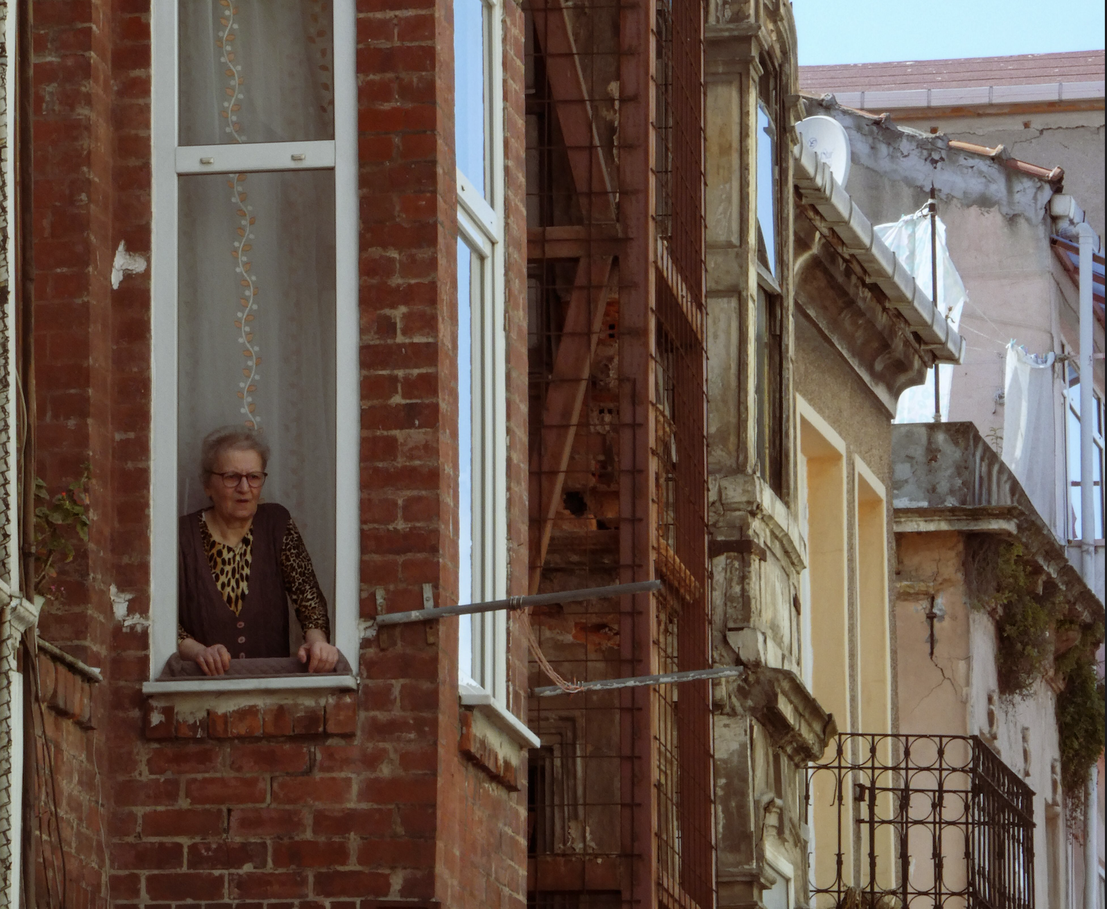 An older woman with glasses leans out of a window in a brick building, looking down at the street—perhaps quietly reflecting on some classic boomer facts. Adjacent buildings with balconies and weathered facades are also visible.