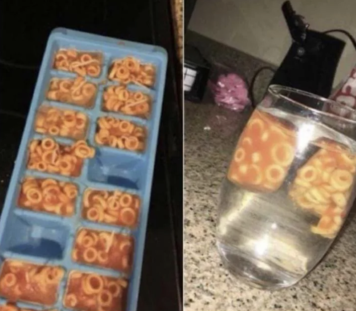 An ice cube tray filled with SpaghettiOs is shown; on the right, a glass of water has two SpaghettiOs “ice cubes” floating inside.