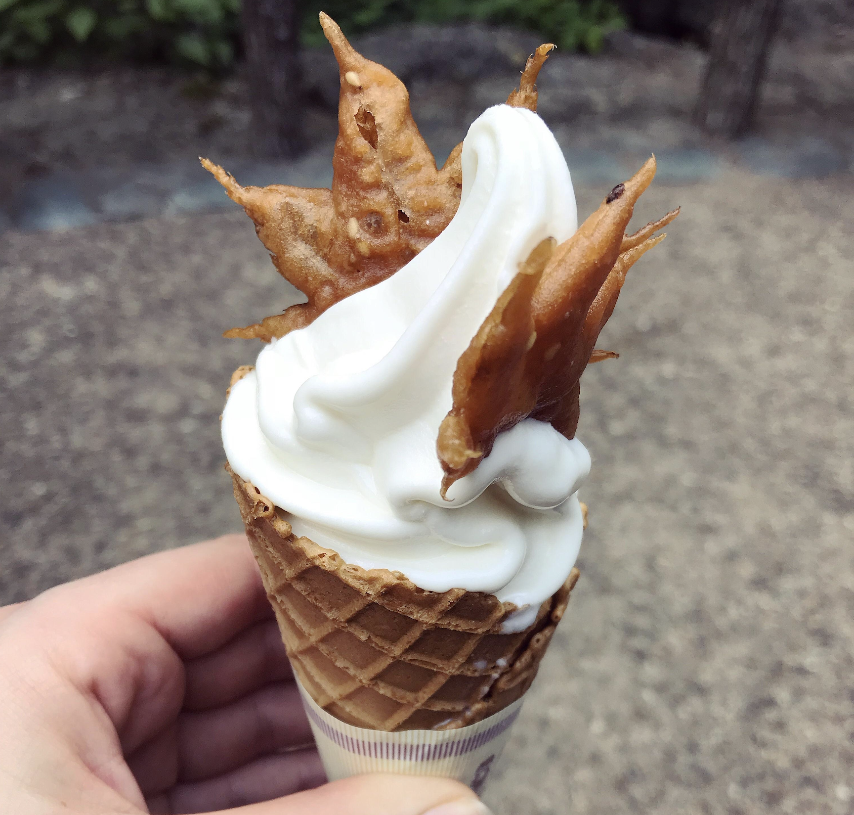 A hand holds a waffle cone with swirled soft-serve ice cream, topped with crispy, brown maple leaf-shaped decorations. Trees and a dirt path are blurred in the background.