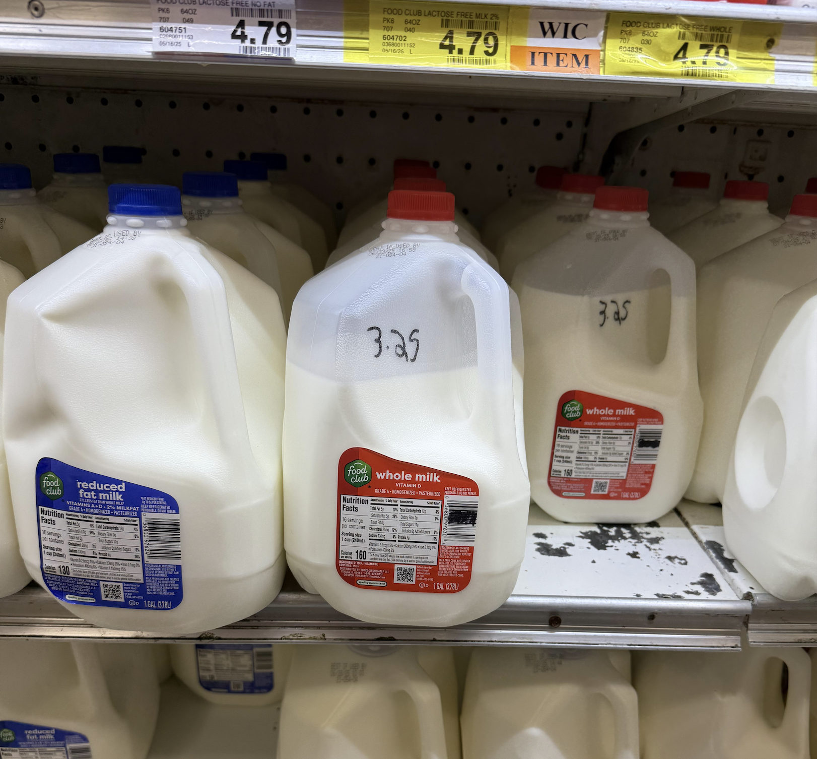 Gallon jugs of whole and reduced fat milk on a grocery store shelf, labeled with “4.79” price tags. Some jugs have handwritten prices marked “3.25”. WIC ITEM signs are visible on the shelf.