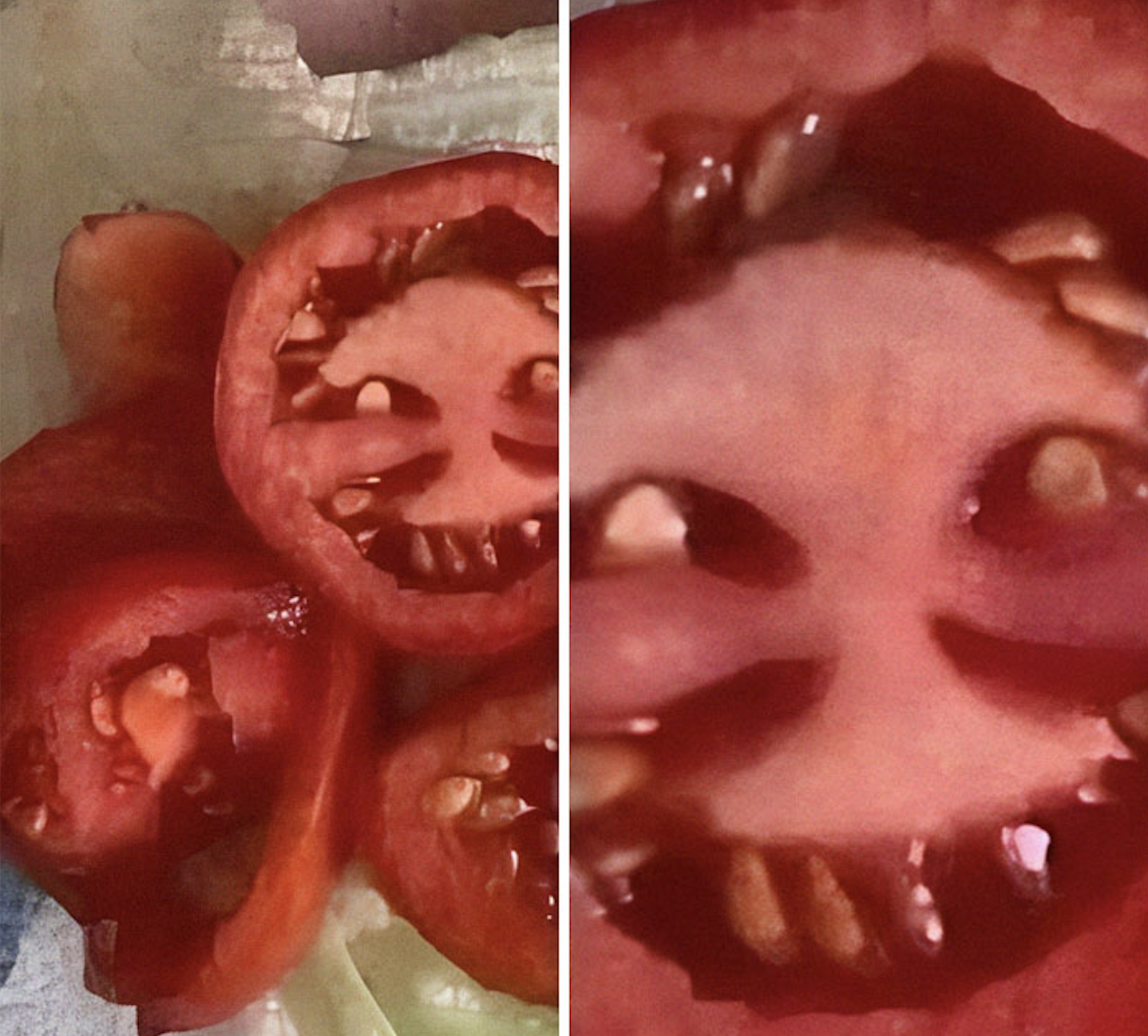 Sliced tomatoes are shown, with one slice resembling a face with eyes, a nose, and a mouth due to the arrangement of seeds and inner flesh.