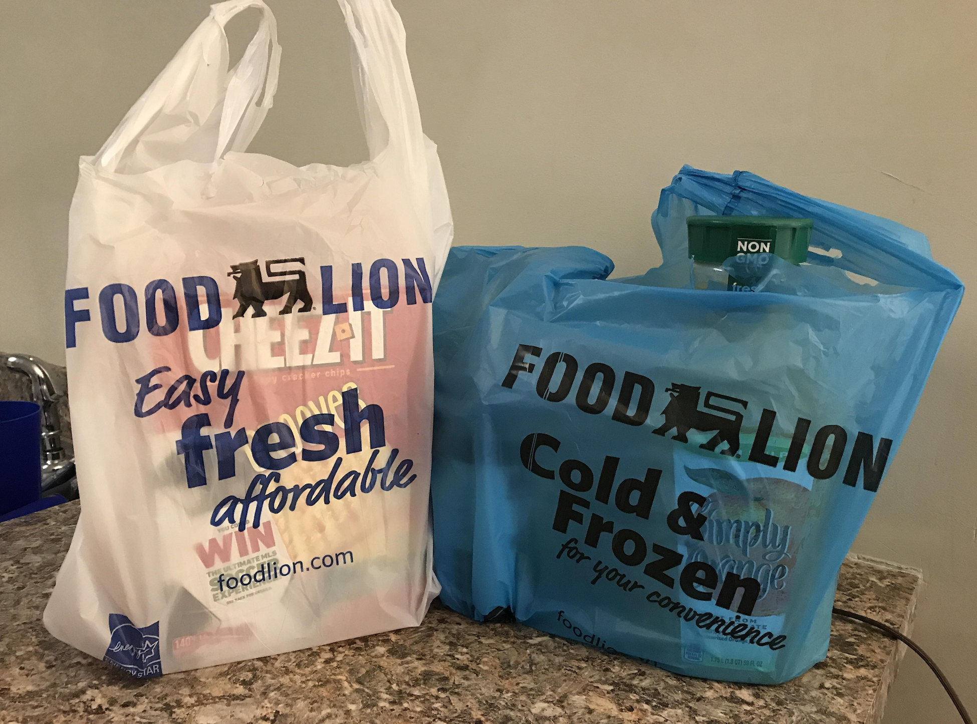 Two grocery bags from Food Lion, one white and one blue, sit on a countertop. The white bag says “Easy, fresh, affordable,” and the blue bag is labeled “Cold & Frozen.” Various groceries are partially visible inside.