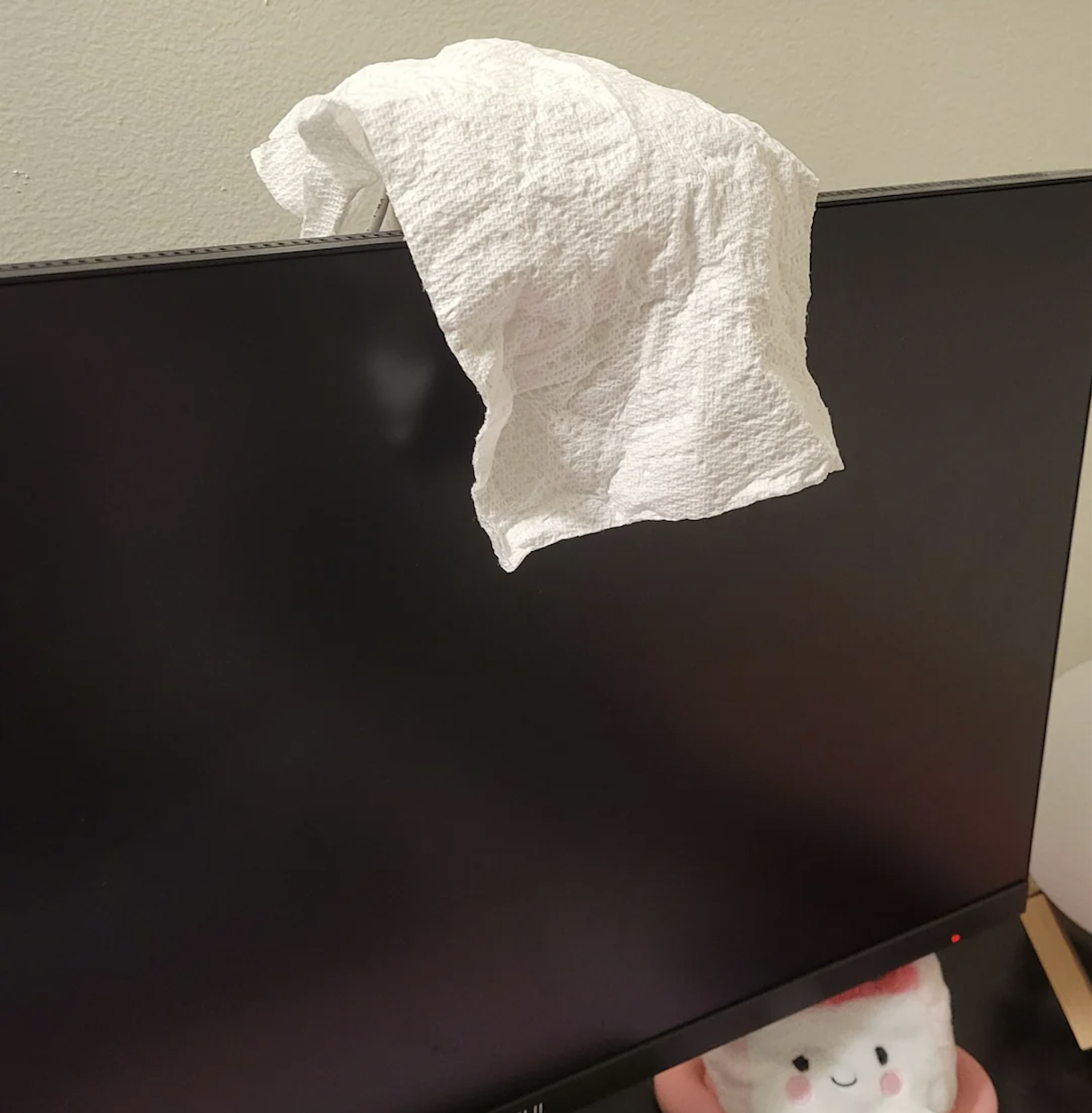 A white paper towel drapes over the top edge of a black computer monitor. In the lower right corner, a plush toy with a smiling face and pink blush is visible.