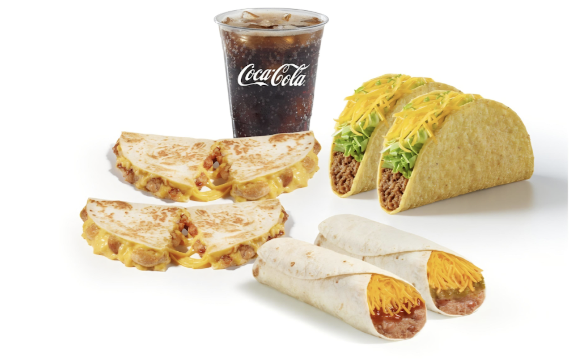 A meal with a cup of Coca-Cola, two hard shell tacos with lettuce and cheese, two soft tortillas with cheese and beans, and two cheese and beef quesadilla slices.