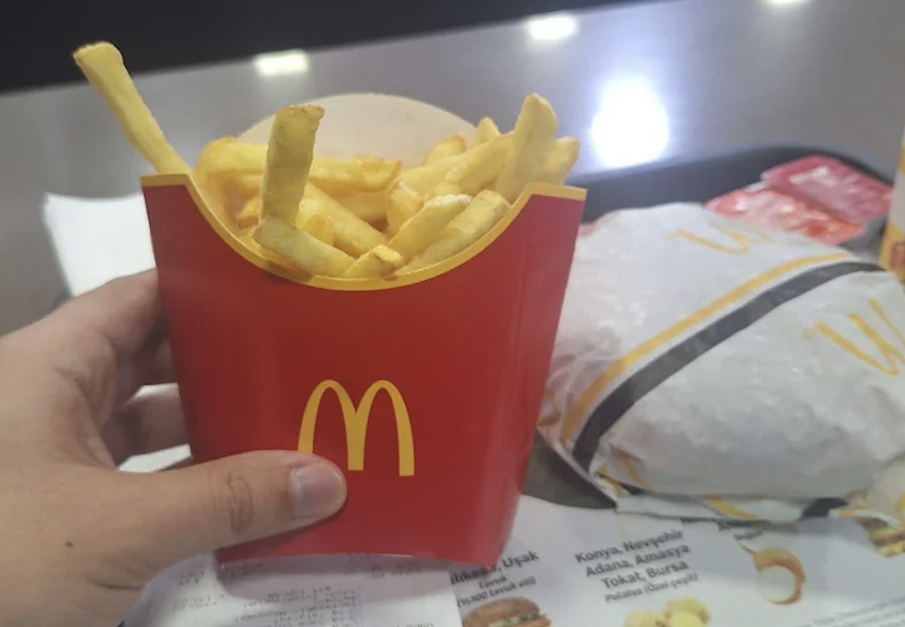 A hand holds a red McDonald’s fries container filled with French fries. A wrapped sandwich and ketchup packets sit on a tray in the background.