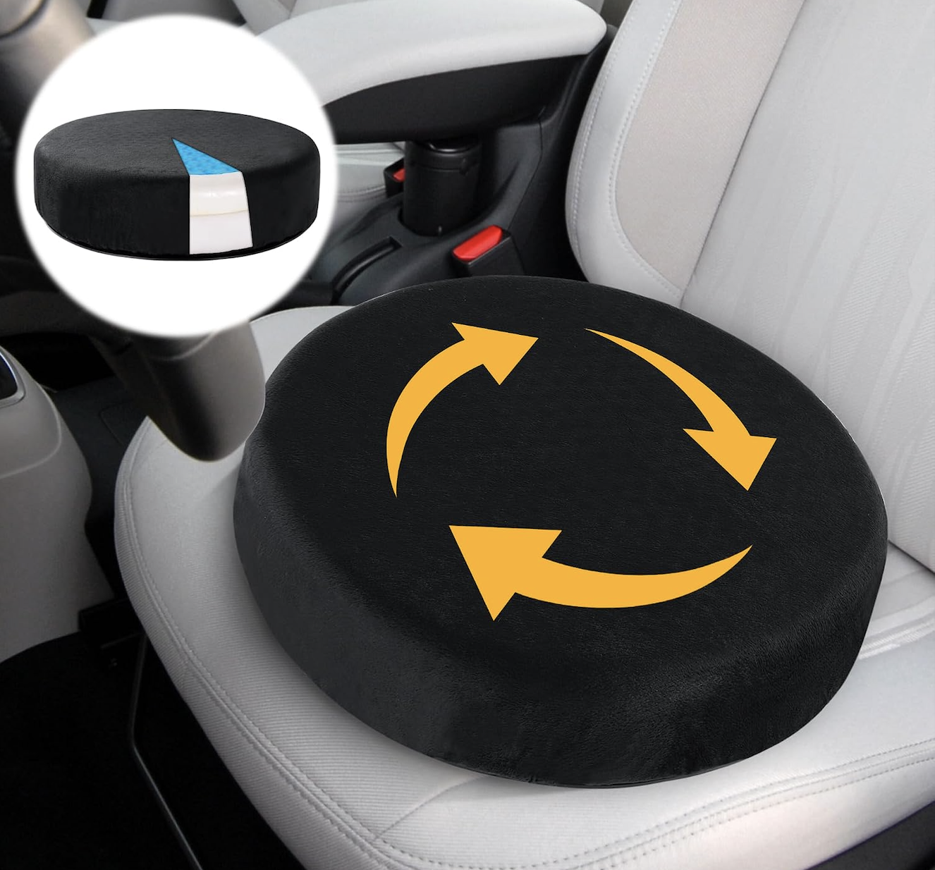 Black swivel seat cushion with yellow arrows on a car seat, showing its ability to rotate. Inset image shows the cushion’s interior padding with a hand pressing on it to demonstrate softness and flexibility.
