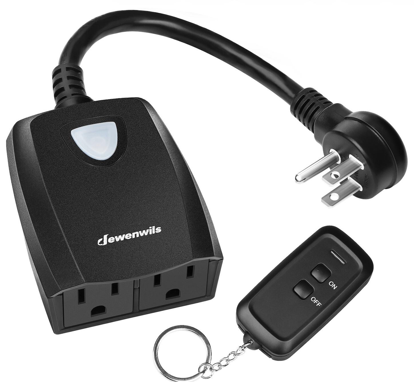 A black Dewenwils outdoor plug with two outlets, a short power cord, and a remote control featuring on/off buttons and a keychain ring.