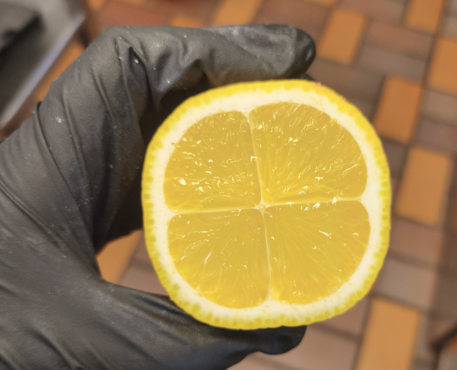 A hand in a black glove holds a lemon sliced in half, showing four distinct segments. The background has reddish and tan tiles.