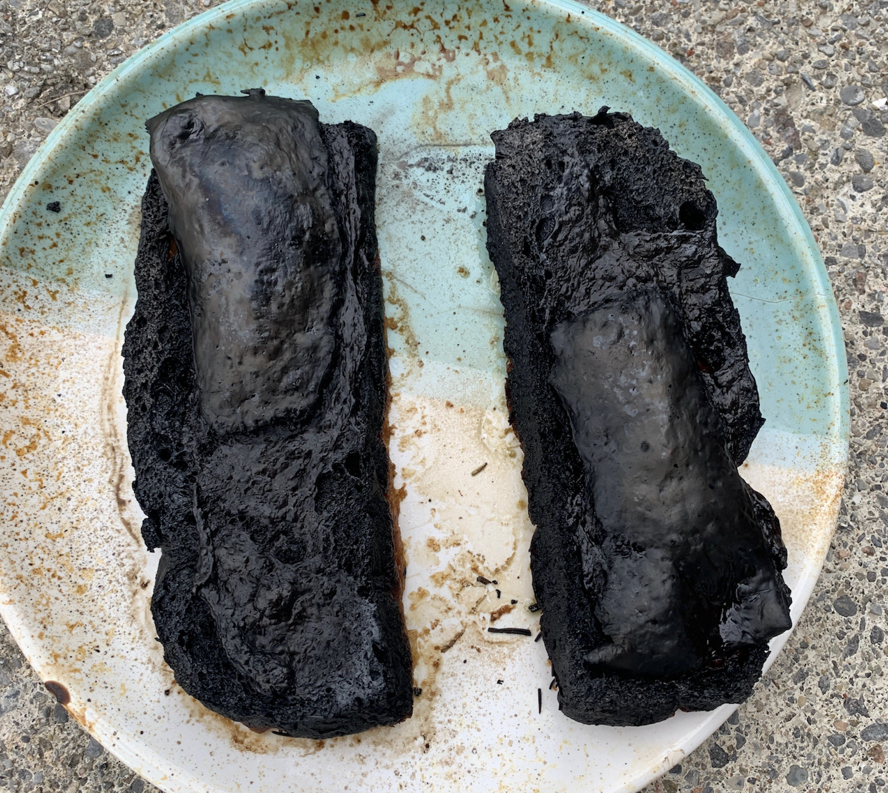 Two pieces of completely burnt toast with blackened toppings sit on a round plate with green and cream edges, placed on a rough outdoor surface.