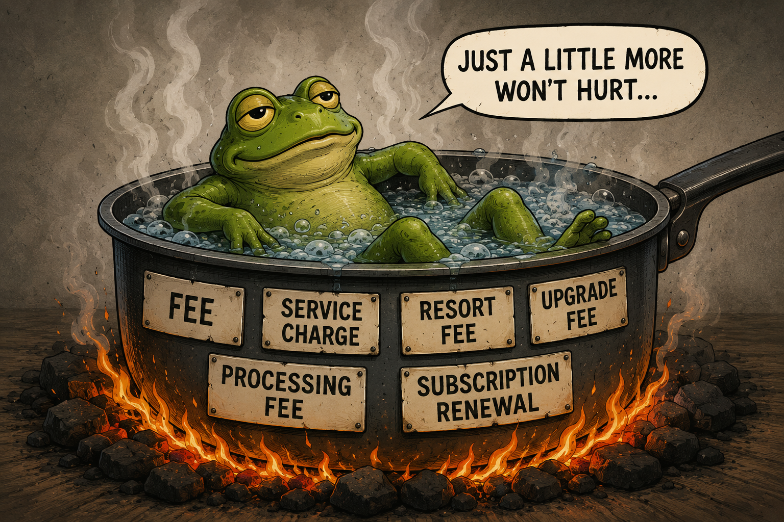 A relaxed frog sits in a boiling pot labeled with various fees, saying, “Just a little more won’t hurt…” Flames burn below, highlighting the accumulation and danger of hidden charges.