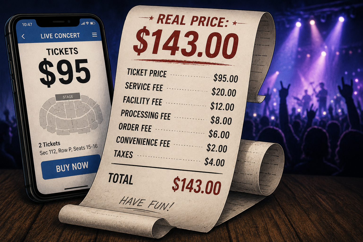 A concert ticket on a phone shows $95, but a receipt lists extra fees, totaling $143.00. A concert crowd is visible in the background.