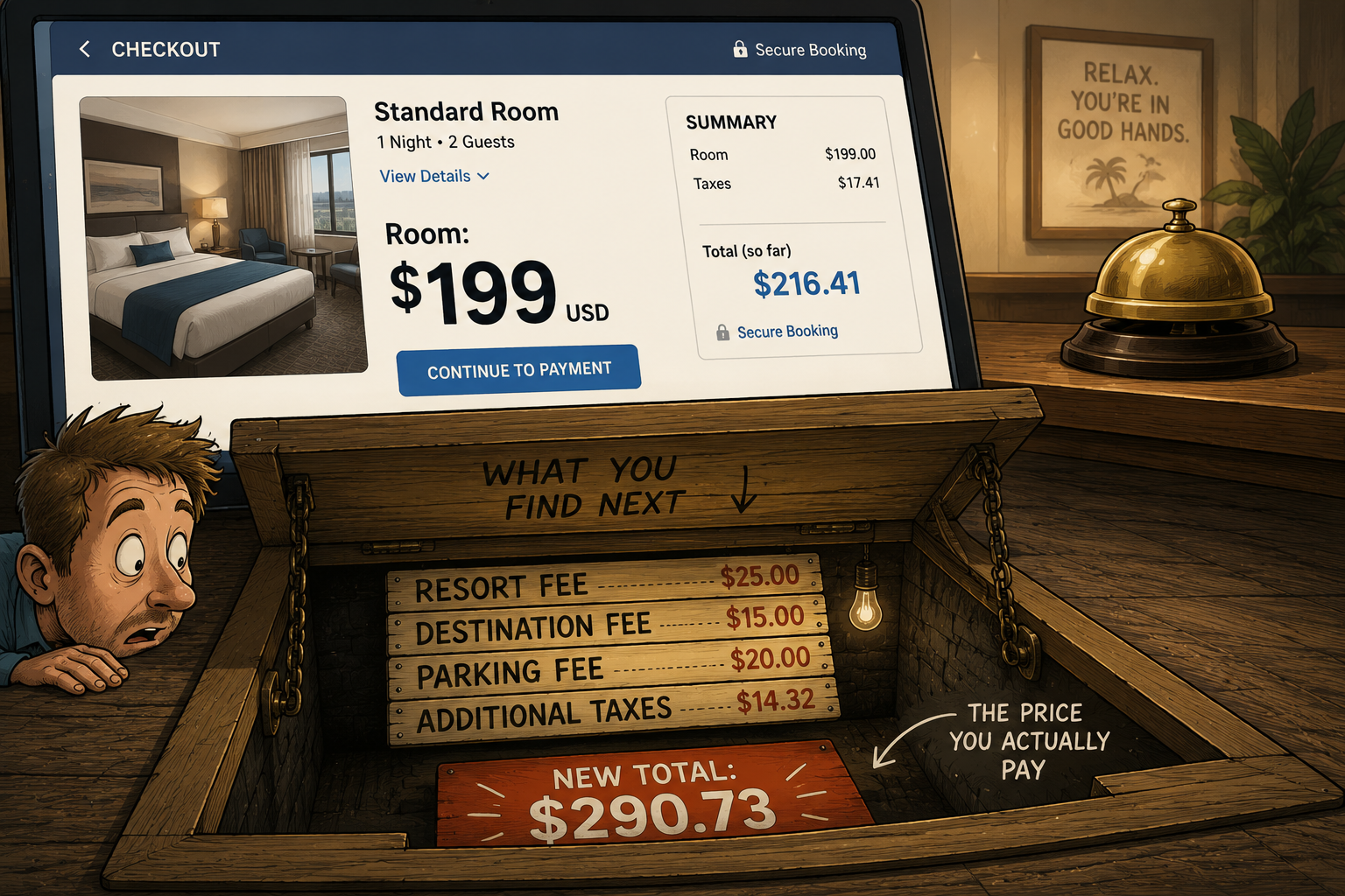 A man looks shocked at hidden hotel fees on a checkout page, with extra costs like resort, destination, and parking fees shown, raising the total price.
