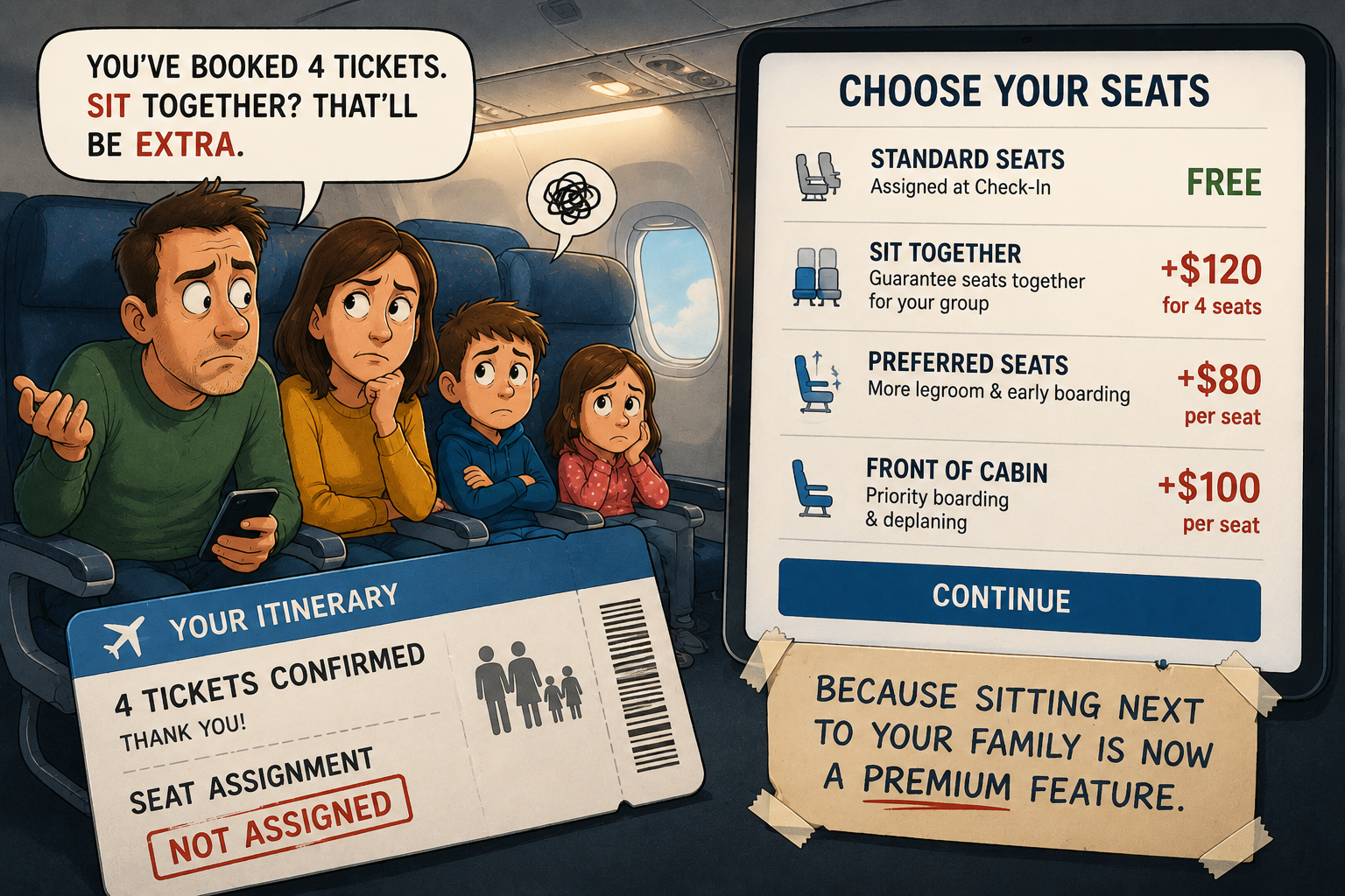 A family of four looks unhappy on an airplane. A sign explains there’s an extra fee to sit together. The seat selection screen shows various paid seating options. Their boarding passes say “seat assignment not assigned.”