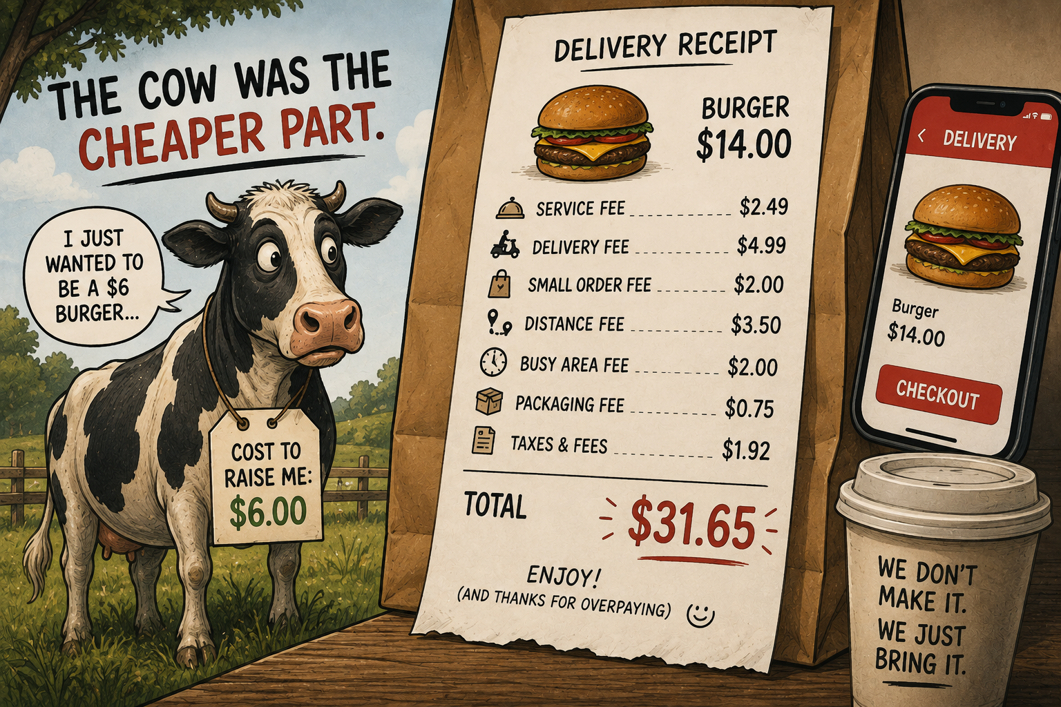 A sad cow with a sign “$6” stands by a receipt showing a $14 burger plus high fees, totaling $31.65. Text says, “The cow was the cheaper part.” A coffee cup reads, “We don’t make it. We just bring it.”