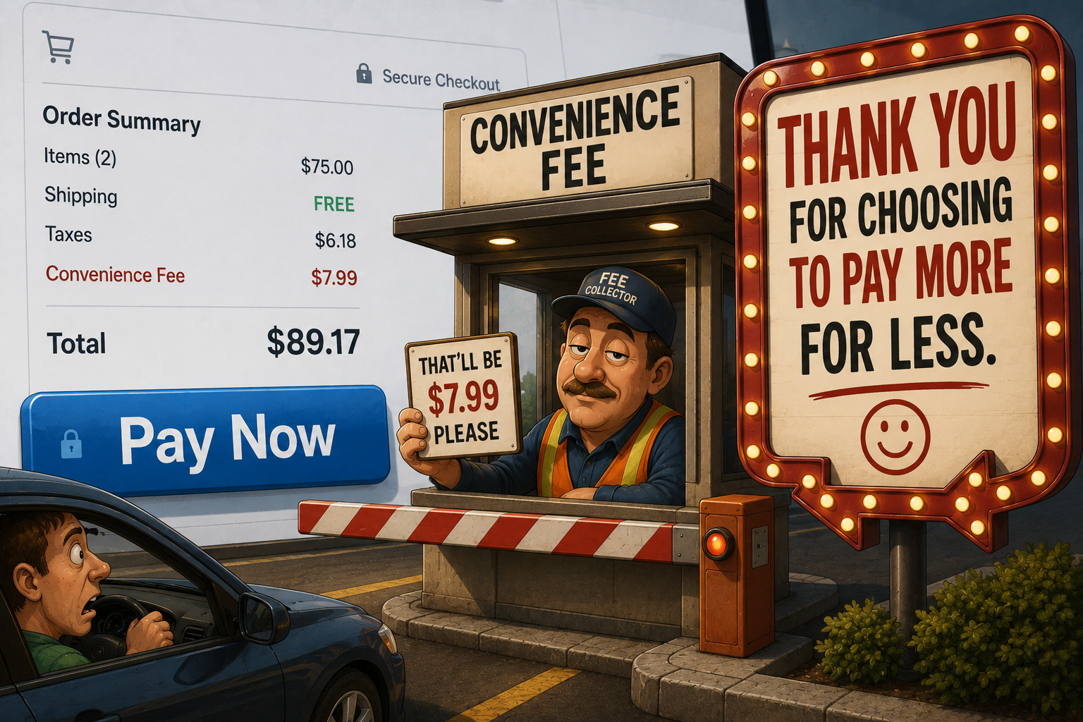 A man in a car at a booth labeled “Convenience Fee” is shocked by a $7.99 charge. A large sign says, “Thank you for choosing to pay more for less.” Online checkout details appear in the background.