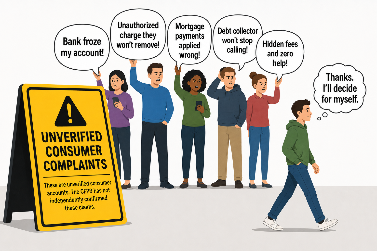 A group of people hold signs with financial complaints near a caution sign reading “Unverified Consumer Complaints.” A person walks past, saying, “Thanks. I’ll decide for myself.”