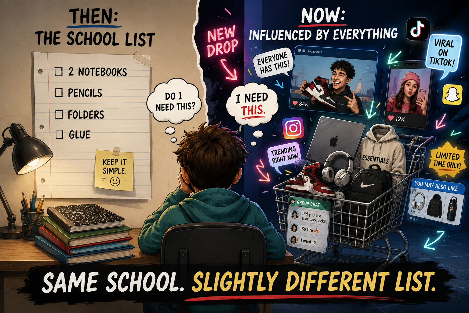 A boy compares a simple school supply list from the past with today’s complex list influenced by social media, showing gadgets, fashion, and trends. Text reads “Same school. Slightly different list.”