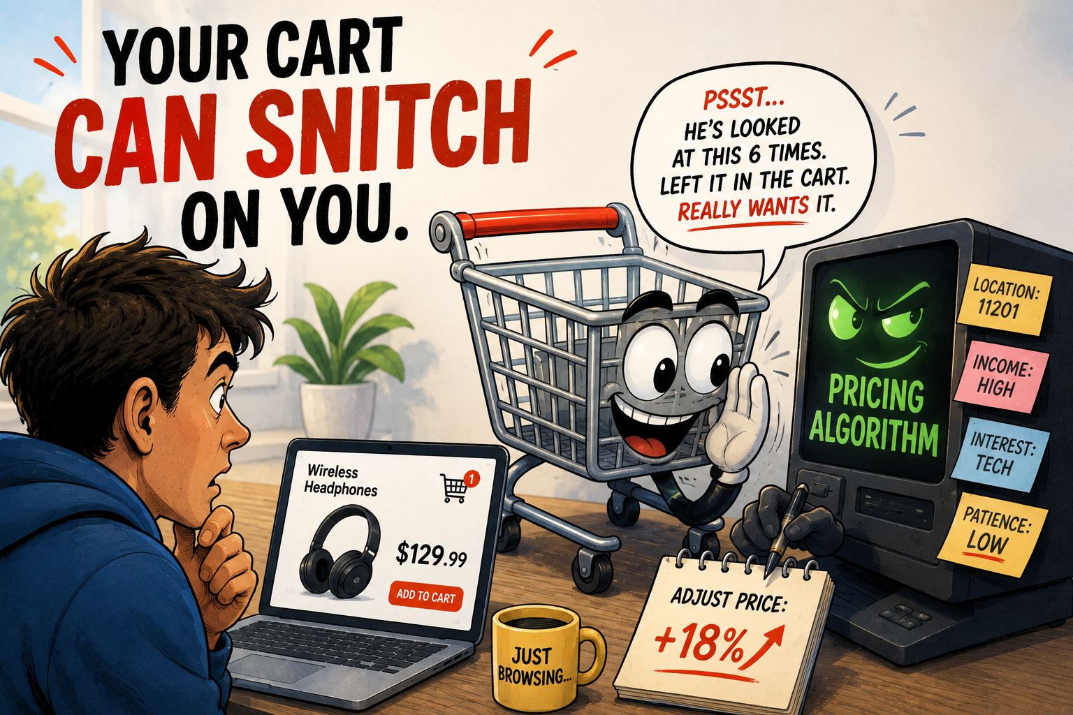 A shopper looks at wireless headphones online. A cartoon shopping cart snitches to an evil pricing algorithm, causing the price to increase by 18%. Monitors display user location, interest, and patience level.