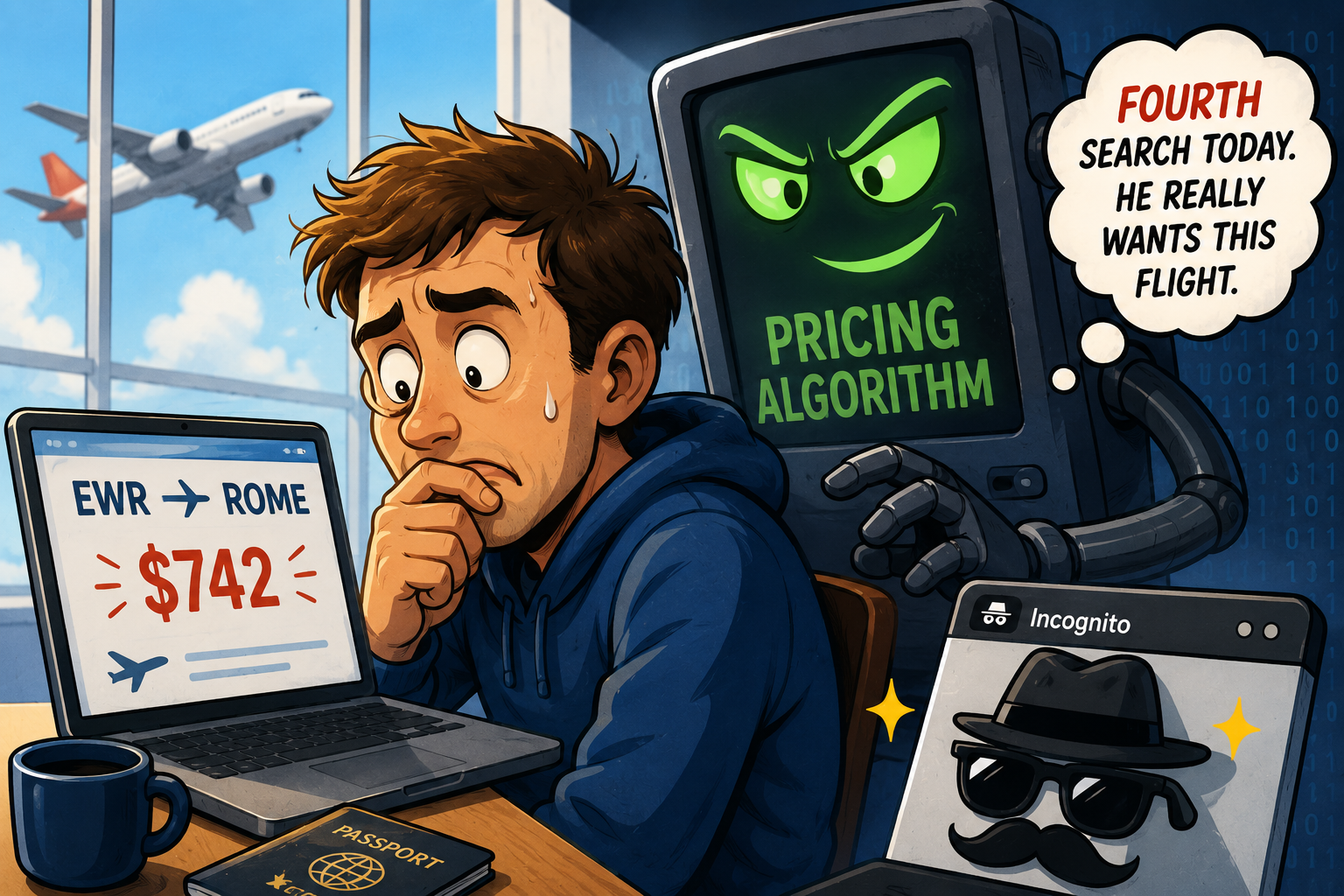 A worried man sees rising flight prices to Rome on his laptop as a sinister green “Pricing Algorithm” screen looms behind him, tracking his fourth search and an “Incognito” window tries to help. An airplane flies outside. Surveillance pricing.